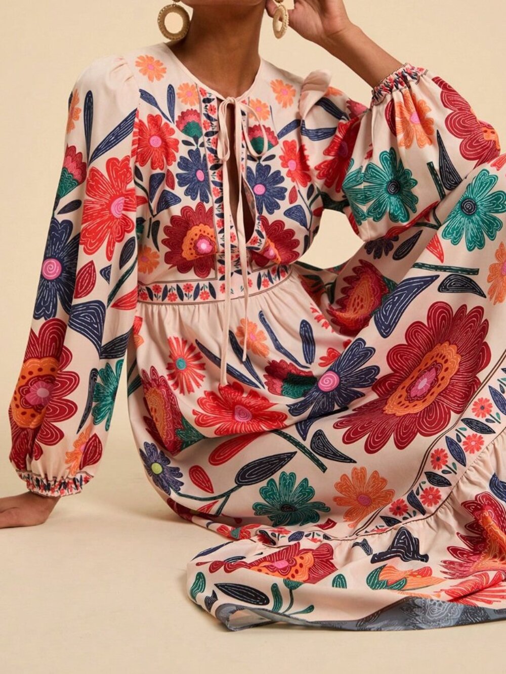 Multicolor Boho Women's Vacation Floral Print Tie-Up Long Sleeve Dress - Picture 6 of 6